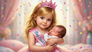一個戴著皇冠和「Big Sister」肩帶的小女孩抱著她剛出生的嬰兒，紙屑飄落。