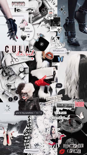 Cruella de Vil 拼貼畫，包含語錄、時尚物品和文字疊加。