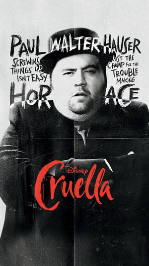 電影《Cruella》海報，演員 Paul Walter Hauser 飾演 Horace，帶有粗體紅色標題。