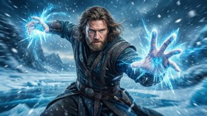 鬍鬚戰士在雪山暴風雪中施展冰魔法