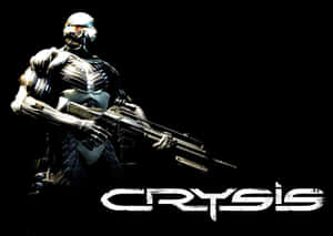 一名身穿未來裝甲的士兵手持帶有「Crysis」文字的步槍。