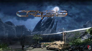 Crysis 遊戲場景中，月光下的山脈旁，士兵靠近坦克