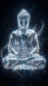 水晶佛像在太空中冥想，伴隨著發光的射線和星星