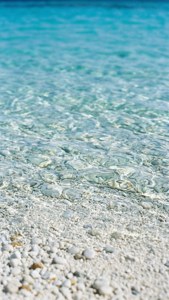 淺碧綠海水在陽光明媚的海灘上流過白色鵝卵石