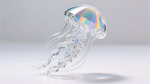 一隻彩虹色的玻璃水母漂浮在白色表面上。