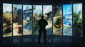 身穿戰術裝備的士兵站在顯示Counter Strike地圖的屏幕前。 — 悟吉達 壁紙