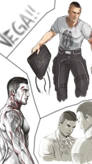 一個沾滿鮮血的動漫男人拿著公事包，在碎片化的面板中展現強烈的表情。 — 低飽和度 壁紙