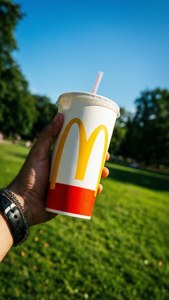 在陽光明媚的公園裡，手拿麥當勞飲料杯，背景有綠草和藍天。