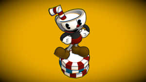 Cuphead 角色站在一堆撲克籌碼上，背景為黃色。 — 茶杯頭 GIF 壁紙
