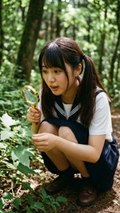 一個穿著水手服的小女孩在森林裡用放大鏡檢查樹葉。