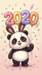 一隻戴著兔耳微笑的熊貓，被五彩紙屑包圍，拿著2020氣球。