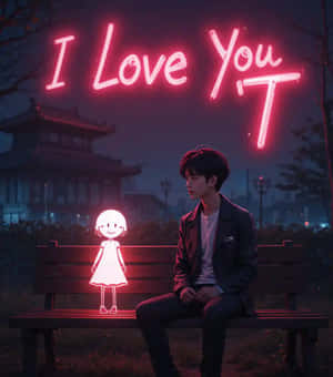 一個年輕男子晚上坐在長椅上，頭頂是粉紅色霓虹燈牌，寫著 I Love You，旁邊有一個發光的卡通女孩。
