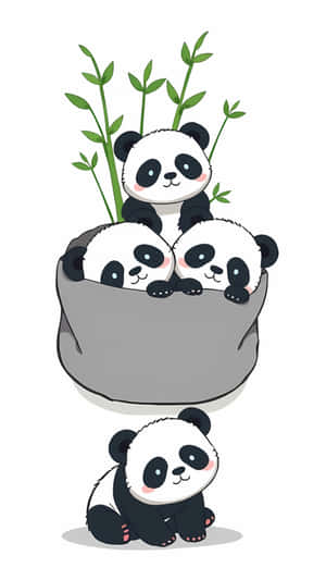 四隻卡通熊貓，一隻在石碗中與竹子一起，另一隻獨自坐著
