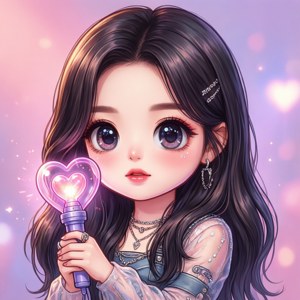 黑髮動漫女孩在粉紅紫色背景中拿著發光愛心魔杖