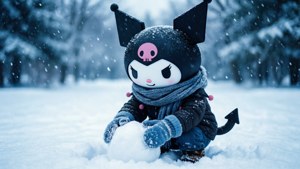 可愛的惡魔主題毛絨角色在雪地森林中建造雪球。