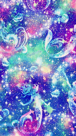 美人魚在色彩繽紛的星空宇宙海中滑行，帶著發光的尾巴和閃爍的粒子。