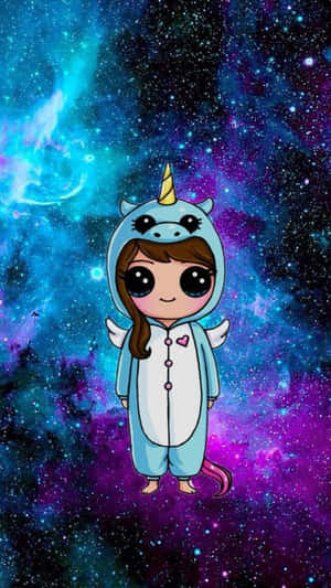 動漫女孩穿著獨角獸服裝漂浮在色彩繽紛的星空空間中。