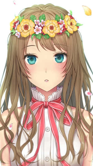 動漫女孩棕色頭髮藍色眼睛戴花冠紅色蝴蝶結襯衫