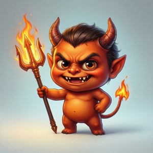 一個有角的卡通魔鬼，手持燃燒的三叉戟和火焰尾巴。