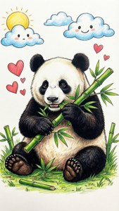 卡通熊貓在微笑的雲朵和心形環繞下吃竹子。