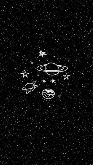 在黑色星空背景上用白色線條繪製的風格化行星和恆星。