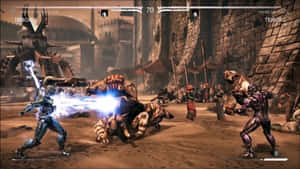 Cyber Sub-Zero 在骯髒的中世紀競技場中攻擊一個怪物。 — 超級英雄 壁紙