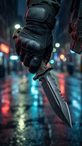 戴手套的手在雨夜霓虹城市中握著戰術刀