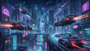 未來的飛行汽車在夜晚霓虹燈照亮的賽博龐克城市中疾馳。