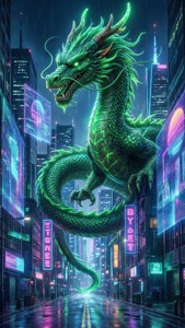 一隻發光眼睛的大綠色龍，夜晚站在潮濕的霓虹燈街道上。