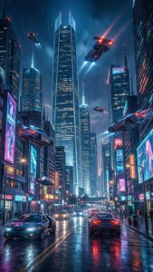 未來城市夜晚街道，有飛天汽車和發光摩天大樓在雨中。