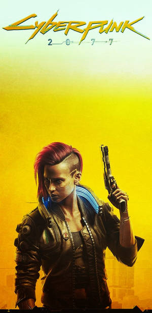 Cyberpunk 2077 女性主角，紅色莫西干頭，在霓虹黃光中握著手槍。