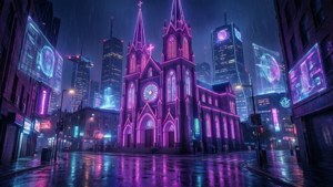 哥德式大教堂在霓虹粉紅中照亮，背景是下雨的賽博龐克城市和發光的廣告牌