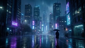人在下雨的未來城市夜晚獨自撐傘行走，周圍有霓虹燈