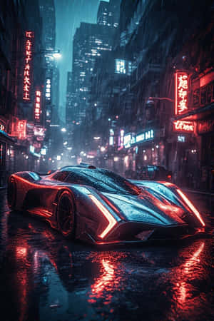 未來主義跑車在夜間濕潤的霓虹燈城市街道上發光