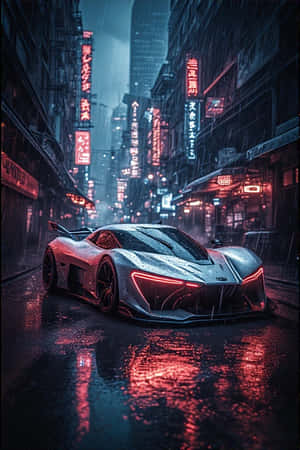 銀色未來汽車在夜晚濕潤的霓虹街道上
