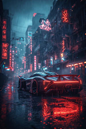 黑色跑車帶紅色燈光在潮濕街道上行駛，霓虹招牌下，雨城