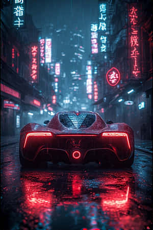 紅色跑車在濕漉漉的街道上，霓虹招牌倒映在水坑中