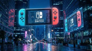 巨大的 Nintendo Switch 漂浮在夜晚潮濕的霓虹街道上