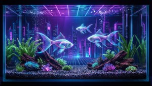 發光的魚在霓虹水族館中游動，背景是未來主義的城市景觀。 — 水族箱 壁紙
