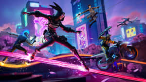 Cyberpunk 角色喺霓虹燈照亮嘅城市街道上行動，伴隨著飛行電單車。 — iMac 壁紙