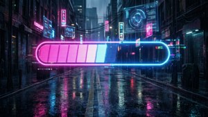 霓虹燈條在夜晚潮濕的城市街道上發光，有數碼廣告牌和雨水倒影。 — 載入中 壁紙