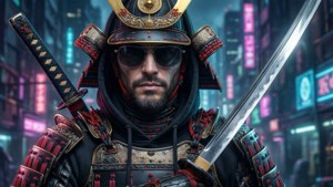 身穿盔甲和太陽眼鏡的武士戰士，在夜晚的霓虹城市中手持武士刀。 — 酷 壁紙