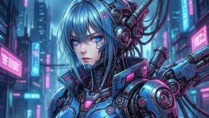 藍髮發光眼的機械戰士在霓虹城市景觀