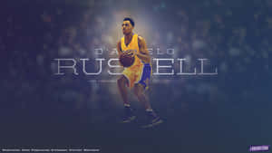 D'Angelo Russell 身穿湖人隊服，背後有發光文字運球。