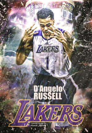 身穿湖人隊球衣的D'Angelo Russell在鮮豔的數位藝術中雙手靠近臉部。