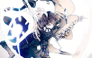 棕色頭髮的動漫女孩以動態姿勢揮舞發光藍色武器。
