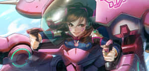 動漫角色穿著粉紅色機甲服微笑駕駛 — 鬥陣特攻 GIF 壁紙