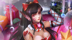 動漫女孩穿著節日紅色服裝，被聖誕禮物和裝飾品環繞。