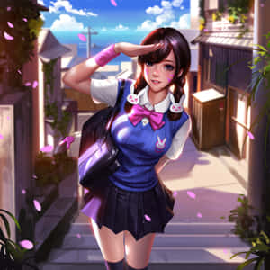 動漫女孩穿著校服，在陽光明媚的小巷中，在櫻花下敬禮。 — 可愛動漫女仔 壁紙