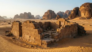 溫暖日落光線下沙漠沙地中嘅古代廟宇遺跡同象形文字